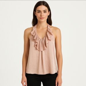 Milano Pink Ruffled Silky HalterNeck Sleeveless Top Size XL